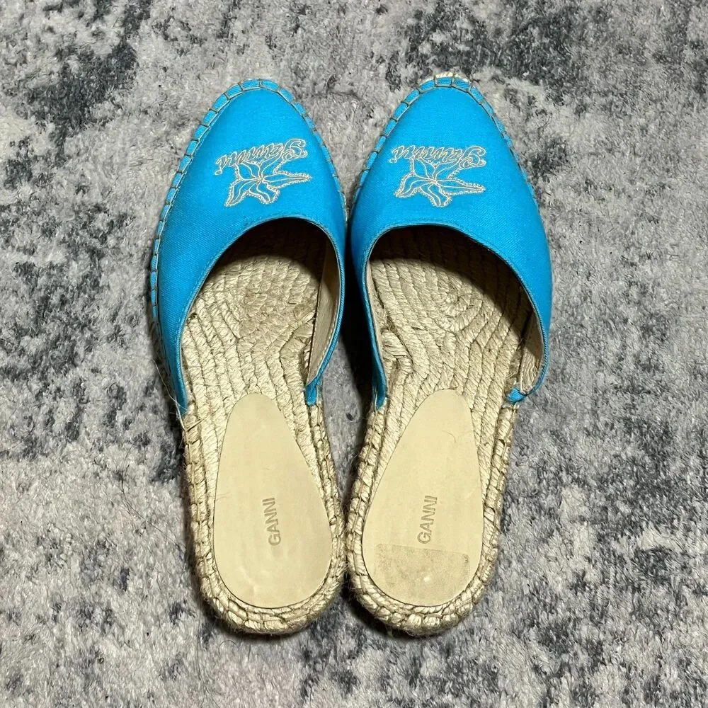 GANNI Women's Embroidered‎ Canvas Espadrille Slip On Turquoise Aqua Size 38
